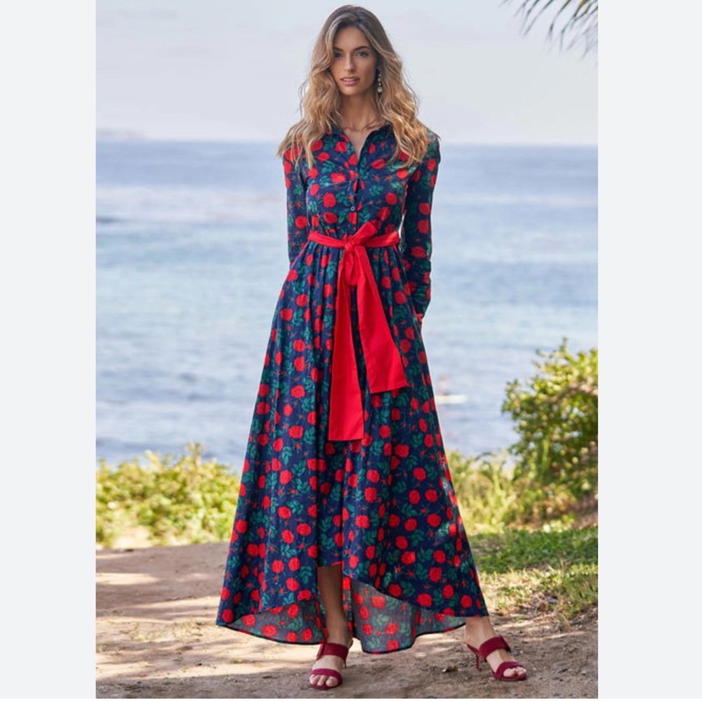 Navy Floral Maxi Dress with Red Belt